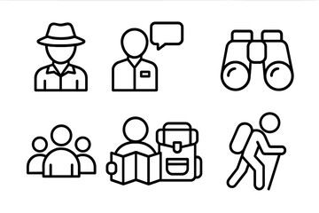 Ruin Visitor Icons. Outline icon set of ruin visitors and guides: explorer, tour guide, camera, binoculars, group, map, backpack, walking stick. Line icons in