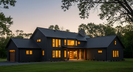 A modern farmhouse with dark siding and large, bright windows