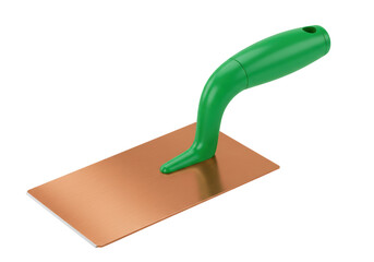 Trowel with green handle isolated on transparent background, construction tool for plastering and masonry work PNG