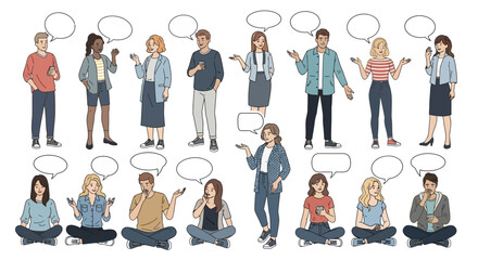 Diverse group of people standing and sitting with speech bubbles discussing or sharing ideas