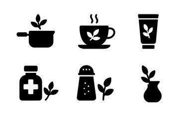 Herb Uses Icons. Solid, filled icon set of herb uses: cooking, tea brewing, aromatherapy, skincare, medicine, seasoning, decoration, infusion. Solid, filled