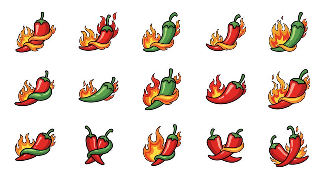 Fiery fiesta of flavors: Cartoon chili peppers engulfed in flames red and green assortment