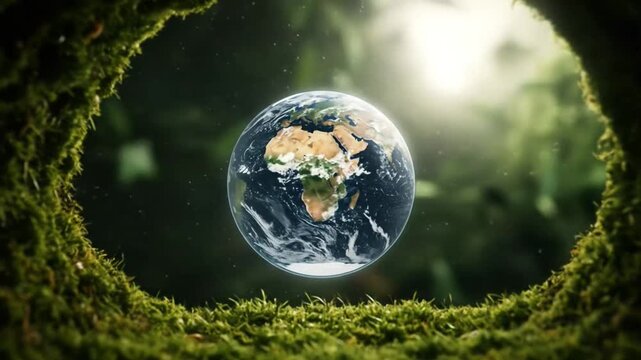 Un globo flota dentro de un t&uacute;nel de musgo, simbolizando la protecci&oacute;n del medio ambiente y la sostenibilidad, explorando el concepto de sostenibilidad global y la importancia de la ecolog&iacute;a para el p
