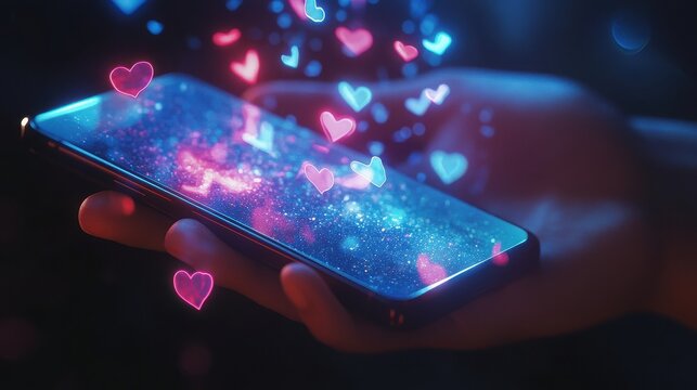 Hand holding smartphone with floating hearts in pink and blue glowing against a dark background