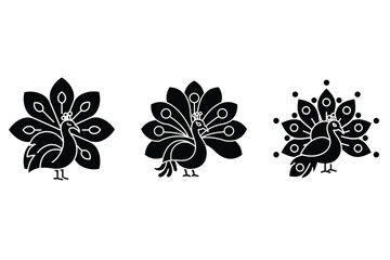 Peacock rangoli icon set, black isolated silhouette fill vector icons