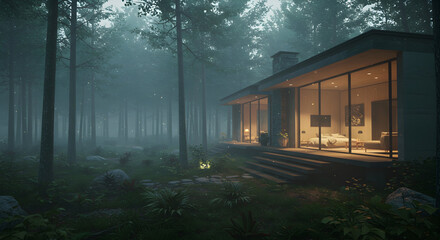 A modern forest retreat with a serene, contemplative atmosphere