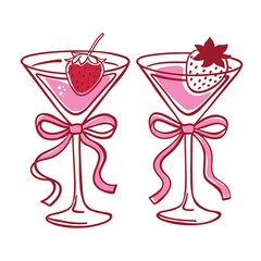Vector Illustration Of Cocktail Glasses With Strawberries And Ribbons. Pink Line Art For Party, Celebration, Summer Drinks, Festive Design, Romantic And Cute Decoration