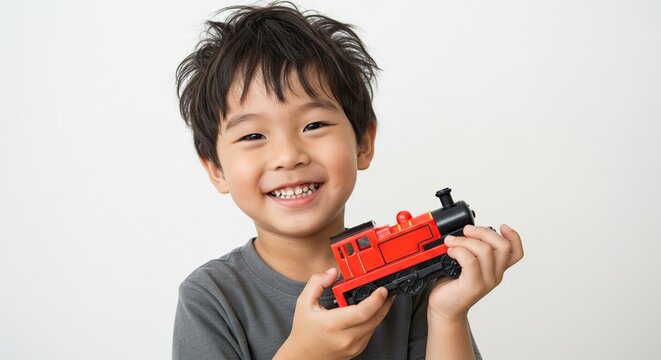 Happy Young Boy Holding a Red Toy Train Isolated on White Background