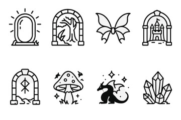 Fantasy Icon Set. Outline icon set of secret door design: ornate door, wooden door, metal door, stone archway, iron gate, stained glass, engraved symbols,