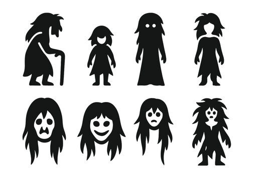 Kikimora Icon Variations. Solid, filled icon set of kikimora appearance variations: old woman, young girl, shadow figure, half-transparent, ghostly face,