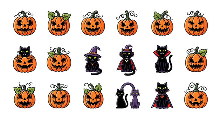 Cute Halloween character illustration featuring spooky pumpkins and black cats on a white background