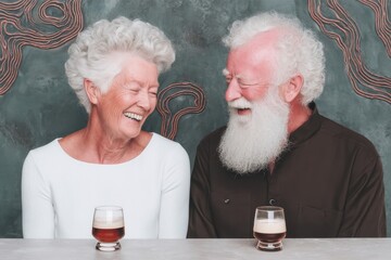 Happy senior couple enjoys drinks together, laughing and sharing a moment of joy
