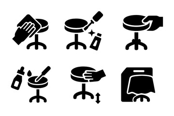 Stool Maintenance Icons. Solid, filled icon set of stool maintenance and care: cleaning cloth, polish, tightening screws, replacing cushion, lubricating