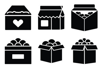 Sweets box icon set, black isolated silhouette fill vector icons