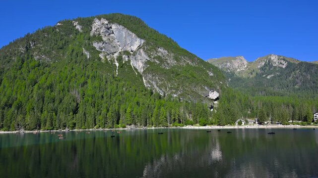 Beautiful panorama of Bries lake in Dolomites, Italy