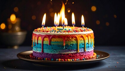Colorful birthday cake with lit candles