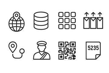 Postal System Icons. Outline icon set of postal codes system: globe with pin, database, numeric keypad, sorting bins, delivery route, mail carrier, QR code,