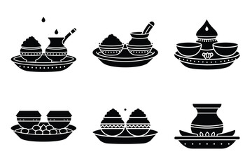 Traditional thali icon set, black isolated silhouette fill vector icons