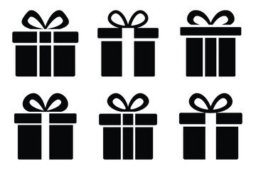 Wrapped present icon set, black isolated silhouette fill vector icons