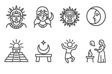 Cultural Sun Moon Icons. Outline icon set of sun and moon in culture: sun god, moon goddess, sun mask, moon face, sun temple, moon altar, sun dance, moon