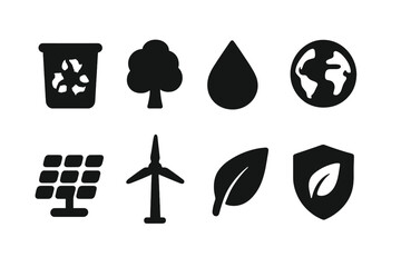 Eco Icons Grid. Solid, filled icon set of environmental protection: recycle bin, tree, water drop, earth globe, solar panel, wind turbine, green leaf, eco