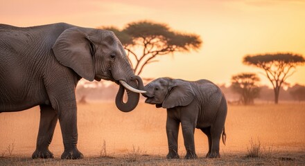 A serene scene of an adult elephant gently interacting with its baby against a stunning sunset, surrounded by acacia trees in a tranquil savannah landscape.