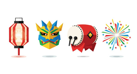 Japanese Culture Icons Lantern Dragon Mask Taiko Drum and Fireworks on White Background