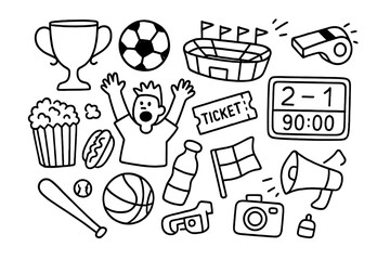 Sports Memories Doodle. Hand-drawn doodle illustration Exciting moments in sports entertainment trophy, soccer ball, stadium, whistle, fan cheering,