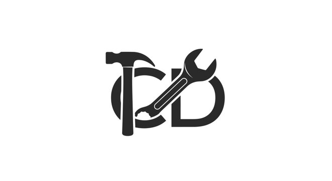 Creative black and white logo design featuring a hammer, wrench and letter forming an image for