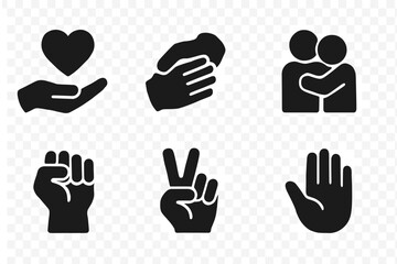 Hand Emotions Icons. Solid, filled icon set of hand emotions and feelings: holding heart, comforting hand, prayer hands, supportive hug, raised fist, peace