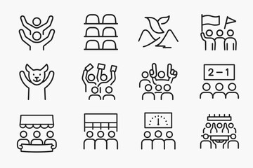 Fototapeta premium Nature, Architecture, Sports Icons. Outline icon set of presence in nature: tree, footprint, flowing river, sunbeam, mountain, bird, leaf, cloud. Line icons in