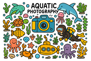 Fototapeta premium Underwater Wildlife Doodles. Aquatic Photography. Colorful Hand-drawn doodle Children illustration Aquatic Photography underwater camera, fish, turtle,