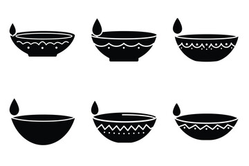 Clay diya icon set, black isolated silhouette fill vector icons