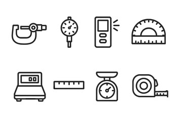 Tools and Communication Icons. Outline icon set of scale and measurement tools: micrometer scale, dial indicator, laser measuring scale, protractor scale,