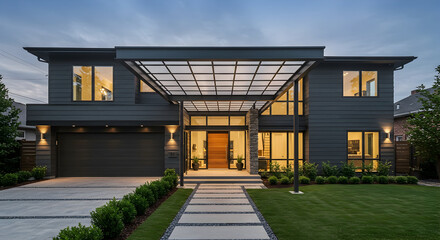 A modern home with a dramatic entrance canopy