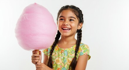 Happy Young Girl Enjoying Large Pink Cotton Candy Treat Isolated on White Background