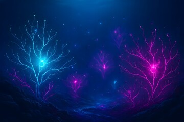 Glowing trees in a mystical blue purple landscape fantasy art