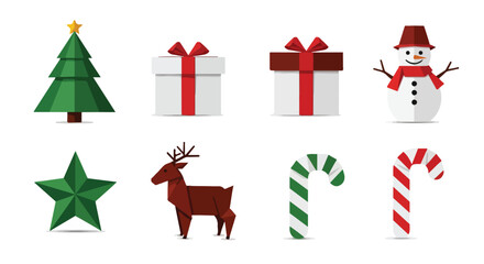Christmas Icons Set Tree Gifts Snowman Star Deer Candy Canes Vector Flat Design