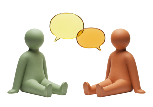 Two stylized figures sitting isolated with speech bubbles, communication concept on a clean background