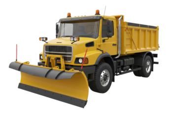 Yellow snowplow truck isolated on transparent background, heavy-duty vehicle for winter road maintenance and snow removal PNG