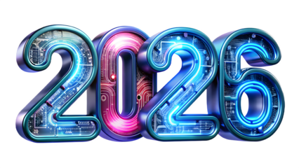 Futuristic 2026 numbers rendered with glowing neon blue and pink circuits on a transparent background isolated on transparent background