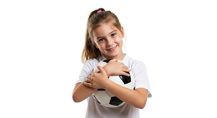 Happy young girl hugging soccer ball isolated on white background lifestyle