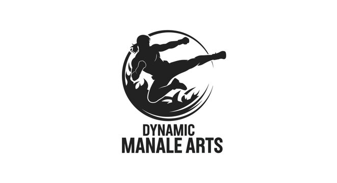 Dynamic martial arts logo featuring a silhouette of a fighter performing a flying kick within a