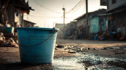 Fototapeta premium acercamiento de un balde azul de agua sobre la tierra junto a un charco de agua en las calles de un pueblo o de una colonia al exterior 