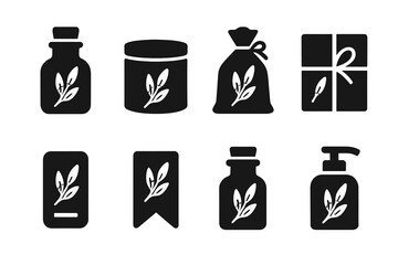 Fototapeta premium Eucalyptus Packaging Icons. Solid, filled icon set of eucalyptus packaging: glass bottle, jar, sachet, box, label, ribbon, cork stopper, pump bottle. Solid,