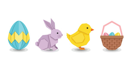 Cute Origami Easter Characters Easter Egg Bunny Chick and Basket with Eggs Vector Illustration