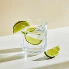 Refreshing Glass of Water with Lime Slices on a Clean White Surface with Soft Lighting and Shadows