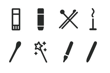 Craft Tools Icons. Solid, filled icon set of stick crafts and hobbies: glue stick, paint stick, knitting needle, chopstick, incense stick, drumstick, magic