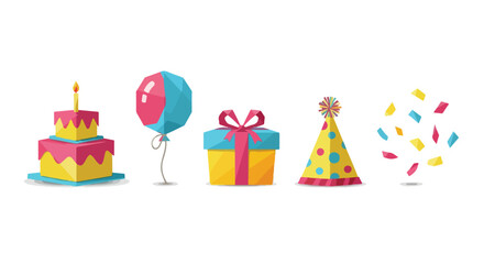 Happy Birthday Celebration Elements Set Cake Balloon Gift Box Party Hat Confetti Isolated on White Background