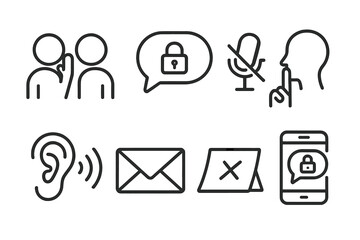 Fototapeta premium Quiet Conversation Icons. Outline icon set of quiet conversation: two people whispering, speech bubble with lock, muted microphone, finger on lips, ear with